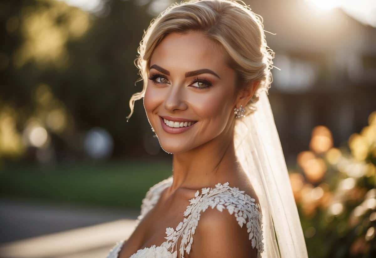 A bride with natural-looking false lashes smiles in the outdoor setting of her wedding, with soft sunlight highlighting her flawless makeup