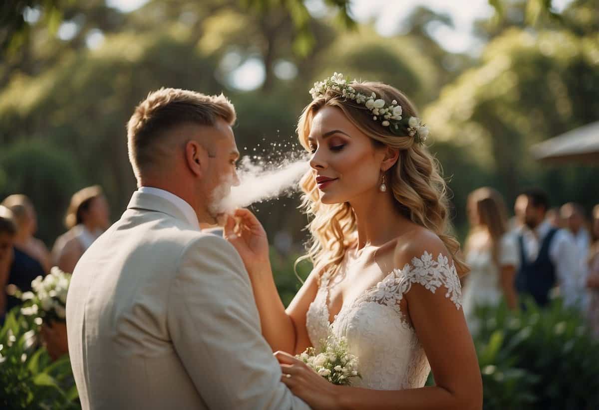 An outdoor wedding scene with a bride applying setting spray with SPF, surrounded by lush greenery and soft natural lighting