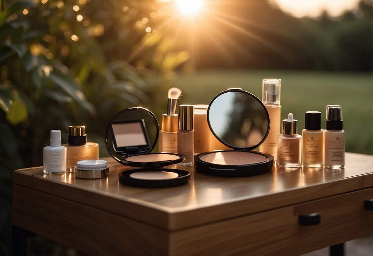 A sunlit outdoor scene with warm, golden hues casting a soft glow on a makeup table with a light bronzer prominently displayed