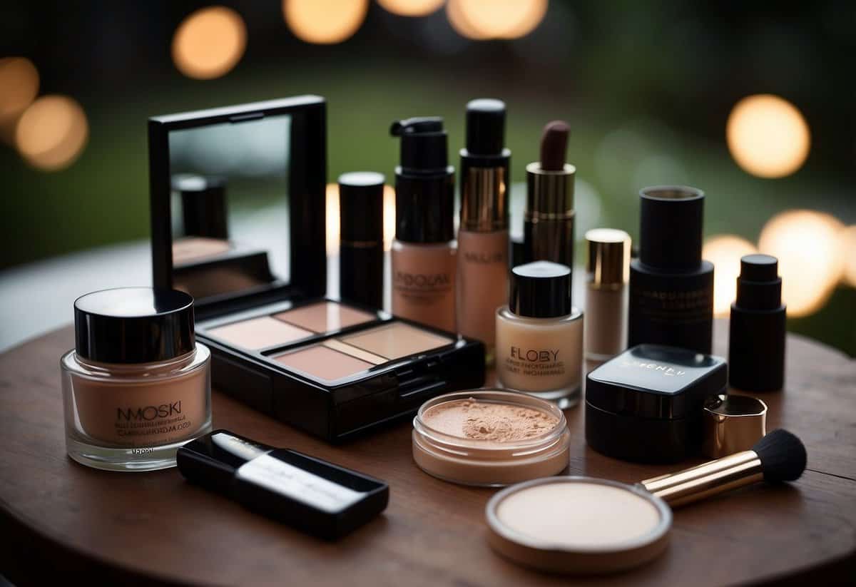 Makeup products arranged on a table with various outdoor lighting sources shining on them
