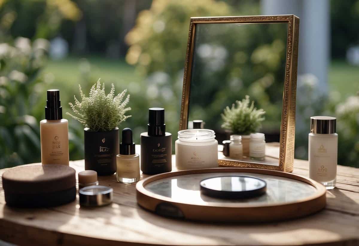 A serene outdoor setting with natural light. A table holds various skincare products and makeup tools. A mirror reflects the peaceful surroundings
