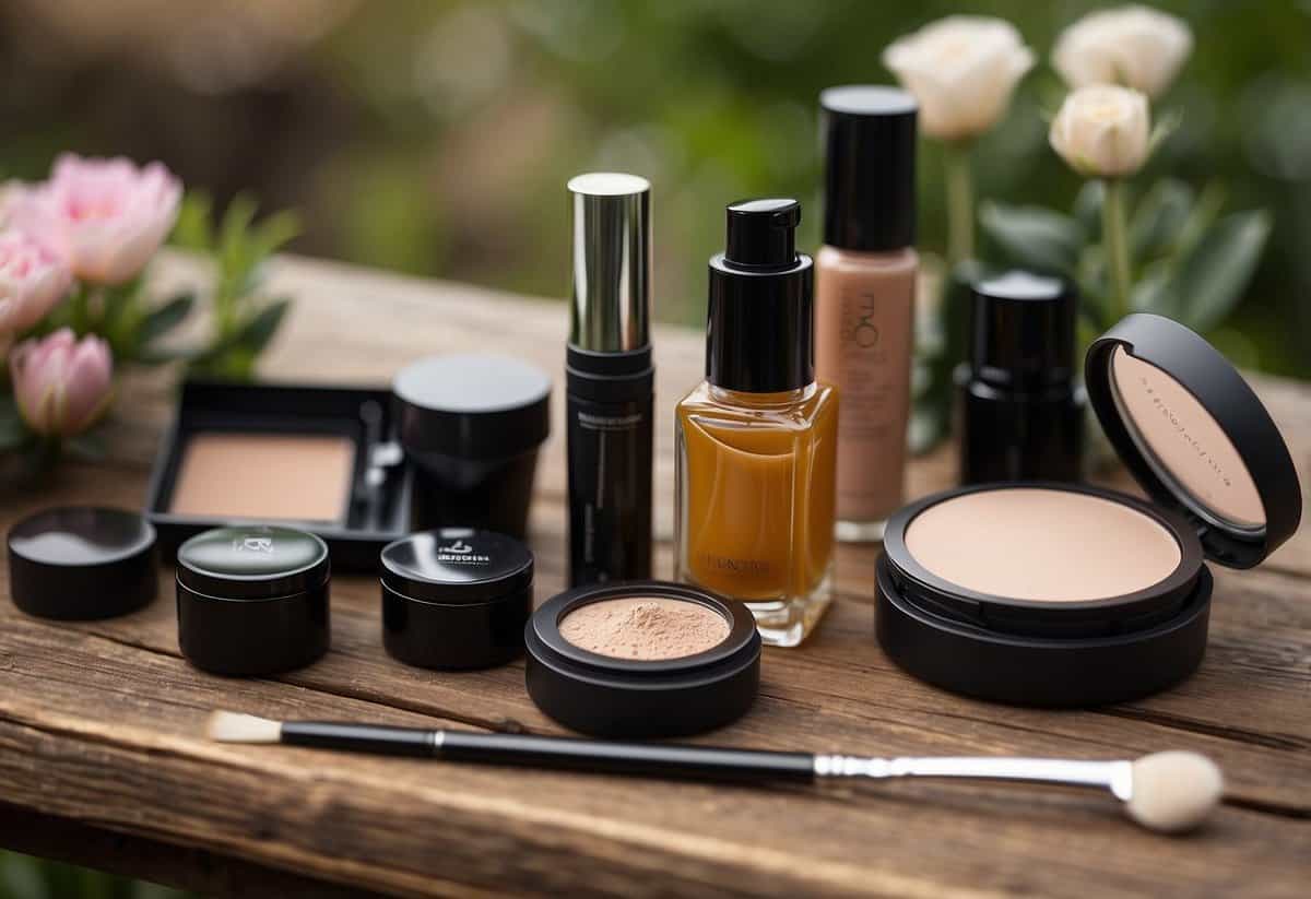 A makeup artist selects from a variety of cosmetic products laid out on a rustic wooden table in a garden setting