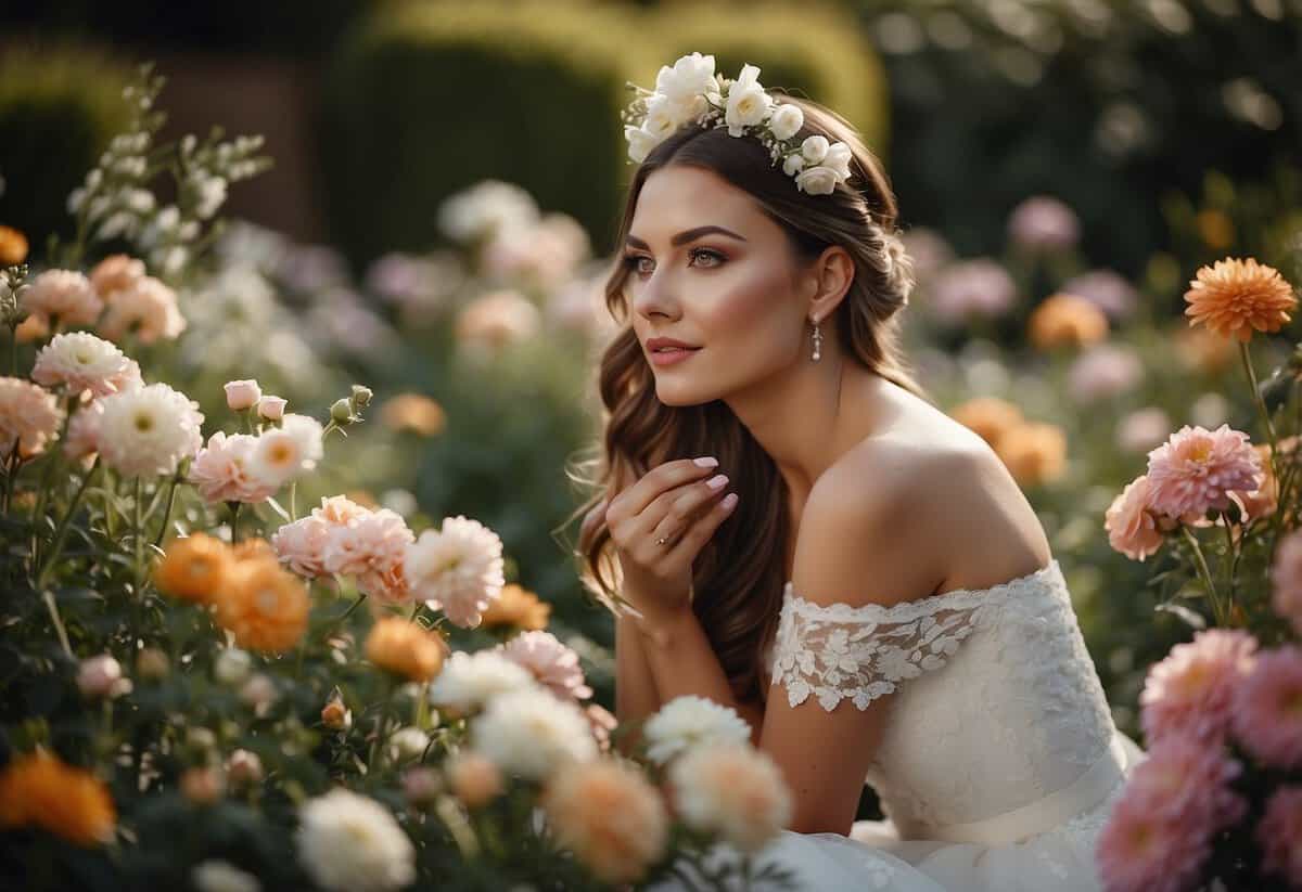 A bride sits in a garden, surrounded by flowers. She applies makeup with a focus on natural, glowing skin and soft, romantic colors