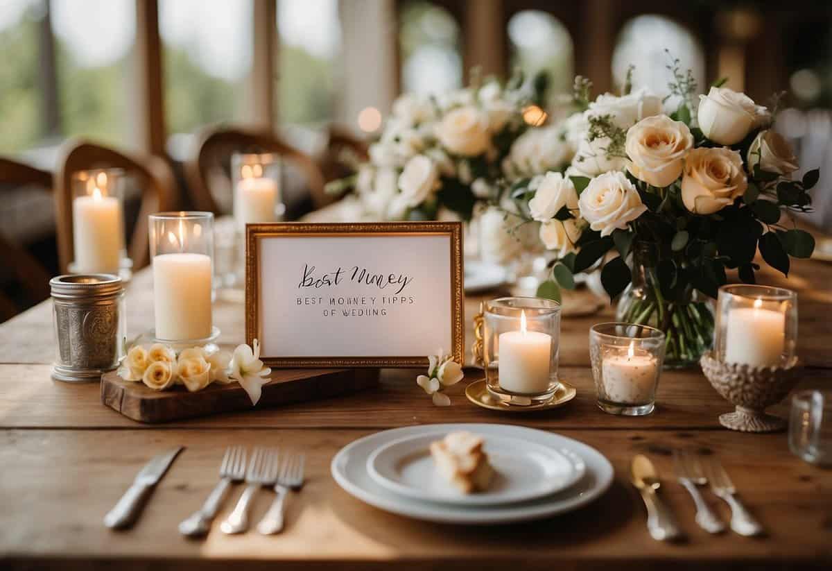 A table with wedding decor and a sign reading "Best Money Saving Tips for Wedding" surrounded by budget-friendly items like DIY centerpieces and thrifted decorations