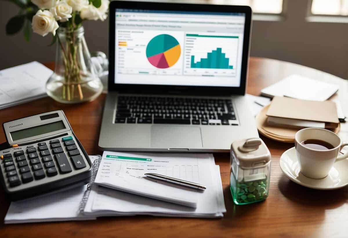 A table with spreadsheets, charts, and calculators. A stack of wedding magazines and a laptop open to a budgeting website. A piggy bank and a jar of loose change