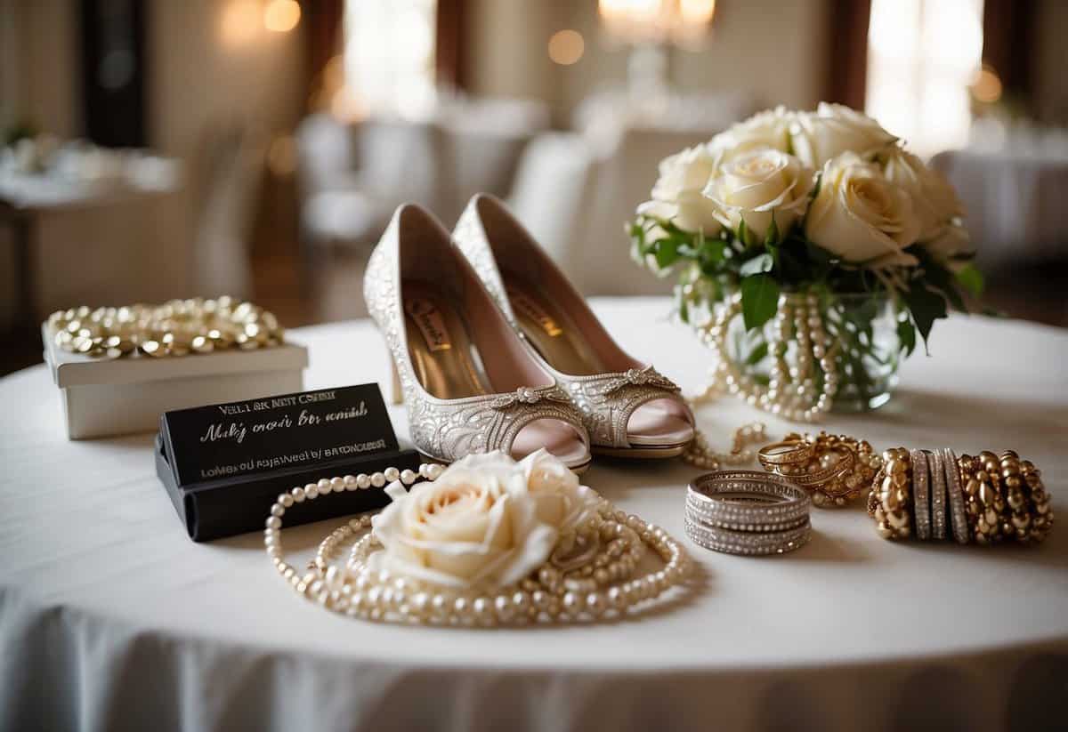 A table with various wedding accessories like veils, jewelry, and shoes. A sign reads "Borrow or Rent Accessories" with money-saving tips