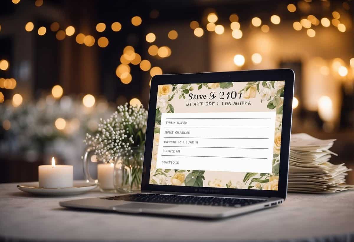 A laptop displaying wedding RSVP website with "Save the Date" and "RSVP by" prompts. A pile of money with "wedding savings" written on it