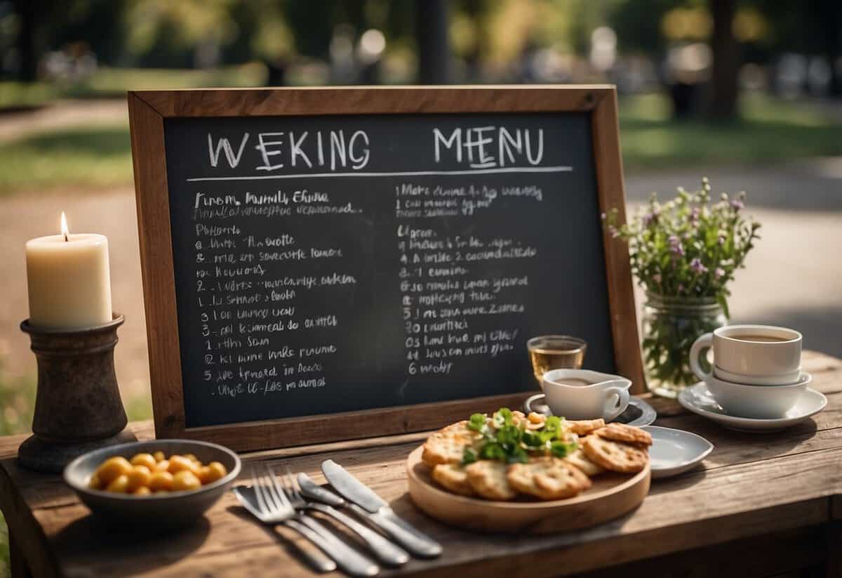 A table with a simple wedding menu and money-saving tips displayed on a chalkboard sign