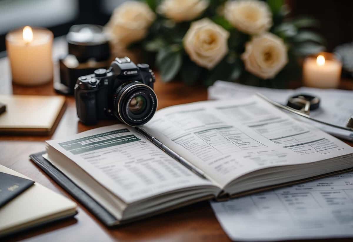 A bride and groom's hands holding a camera, surrounded by wedding planning books and budgeting spreadsheets