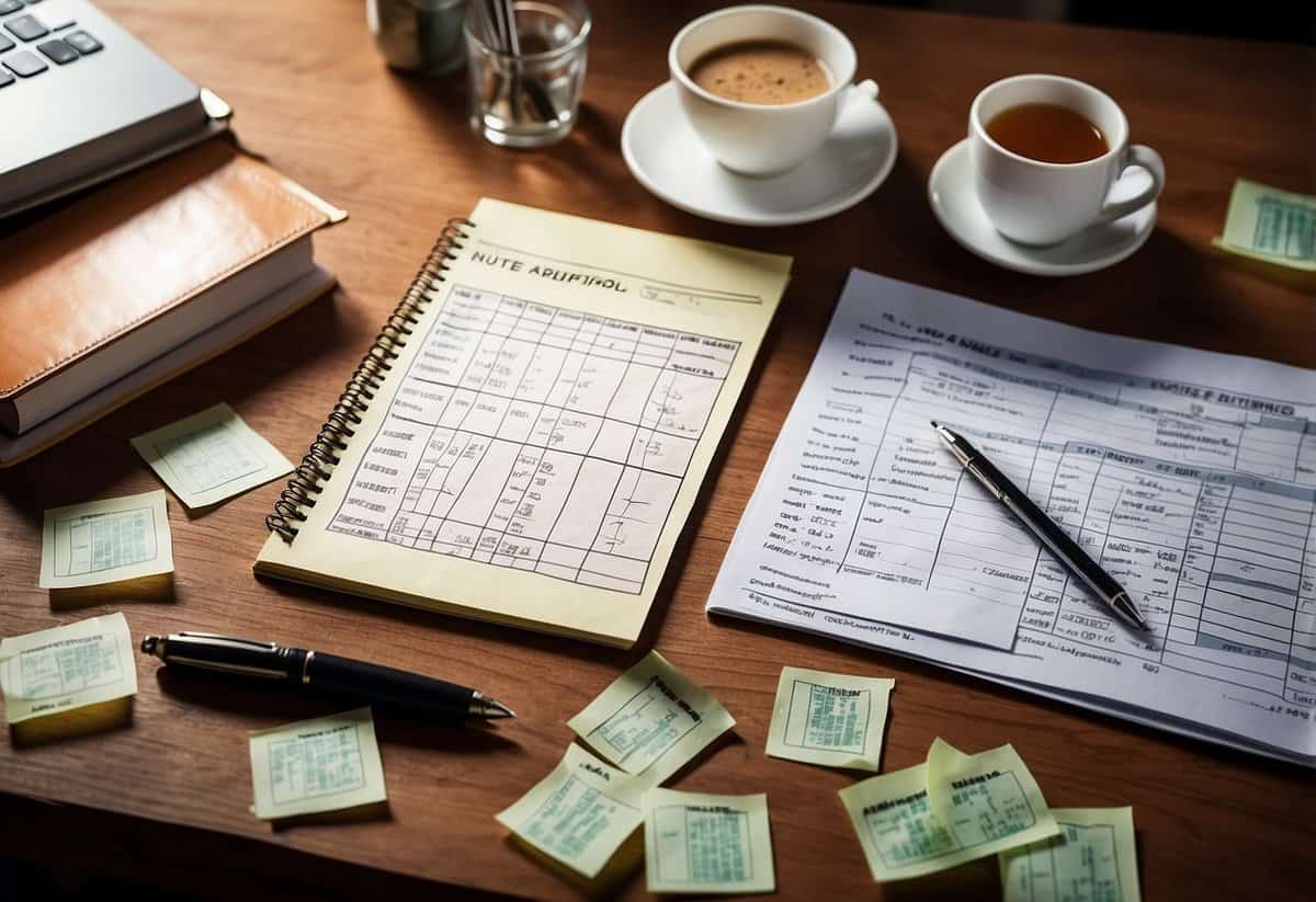 A table with wedding budget spreadsheets, a calculator, and money-saving tips written on sticky notes