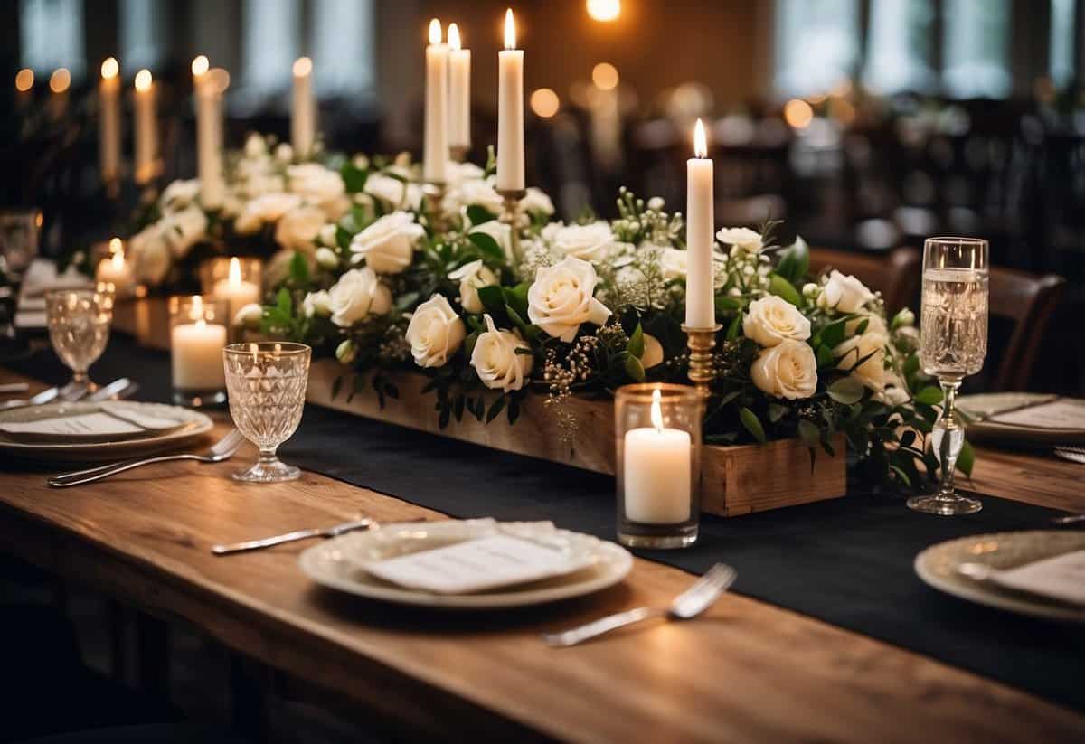 A table with various DIY wedding decor items, such as centerpieces, place cards, and favors. A budget spreadsheet and money-saving tips written on a chalkboard