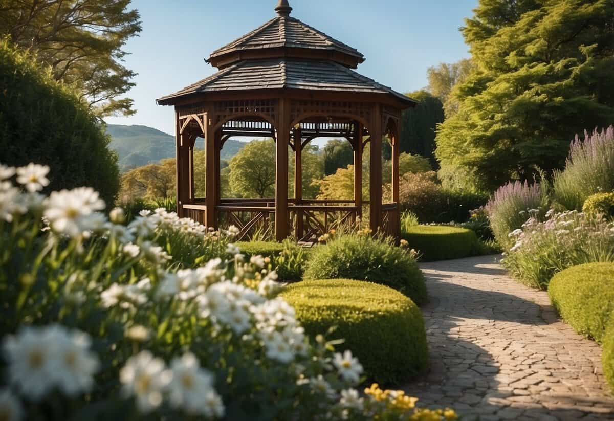 A lush garden with a winding path, blooming flowers, and a charming gazebo set against a backdrop of rolling hills and a clear blue sky