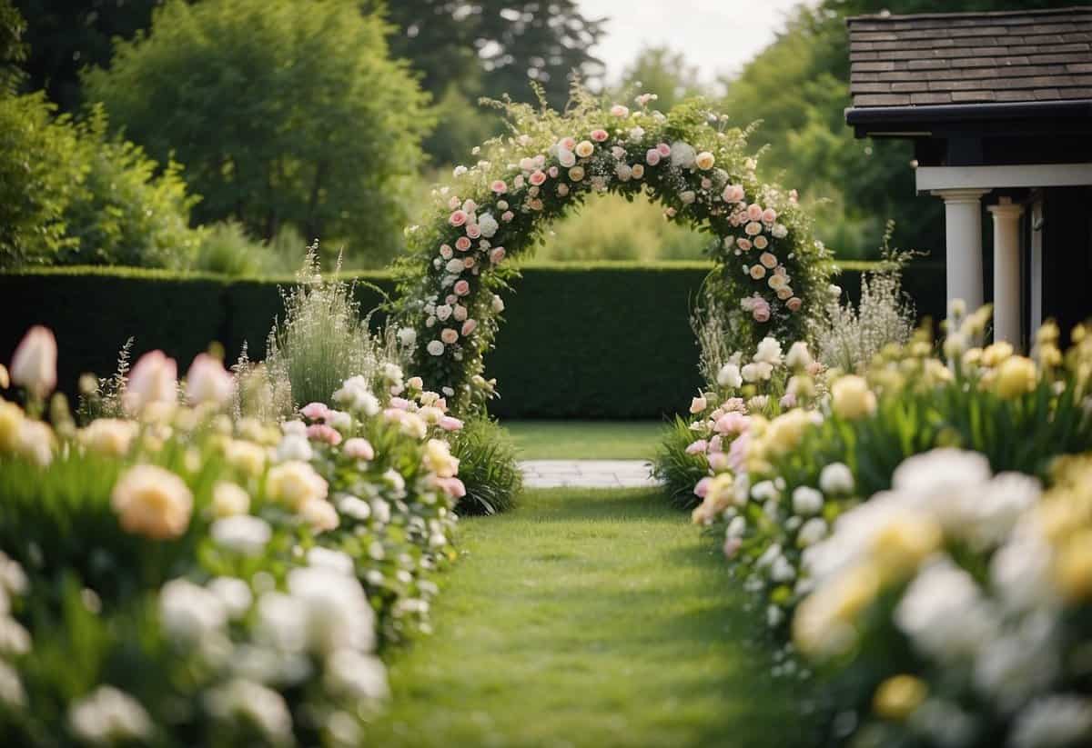 A lush garden with blooming flowers, flowing greenery, and elegant natural decor arranged around a charming outdoor wedding setup