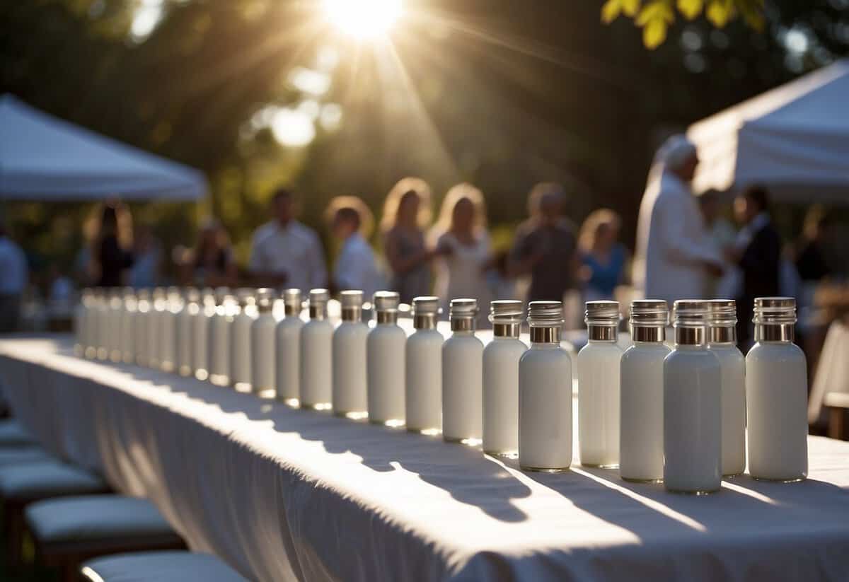 Guests apply sunscreen at outdoor wedding. Bottles and tubes scattered on tables. Sun shining brightly in blue sky. Tables draped in white linens