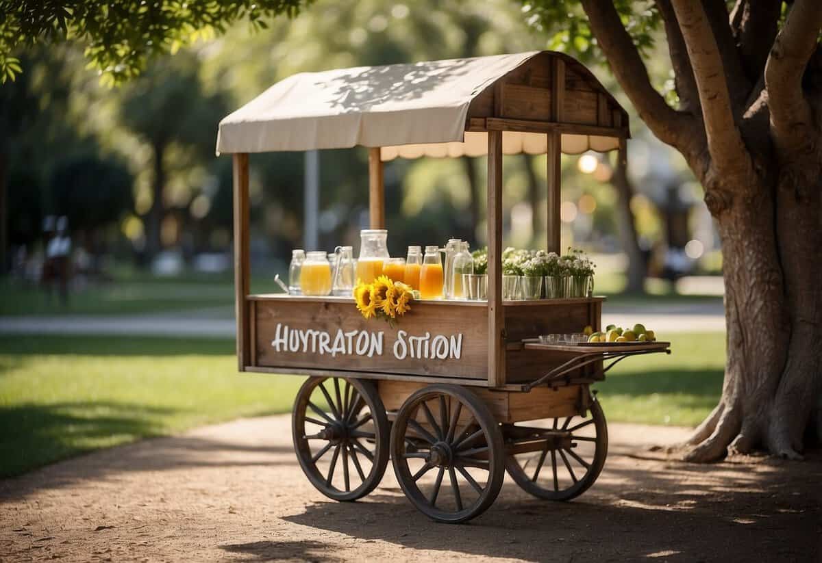 A rustic wooden cart adorned with fresh flowers and a sign reading "Hydration Station" sits under a shaded tree, offering guests a variety of refreshing beverages in glass dispensers and mason jars