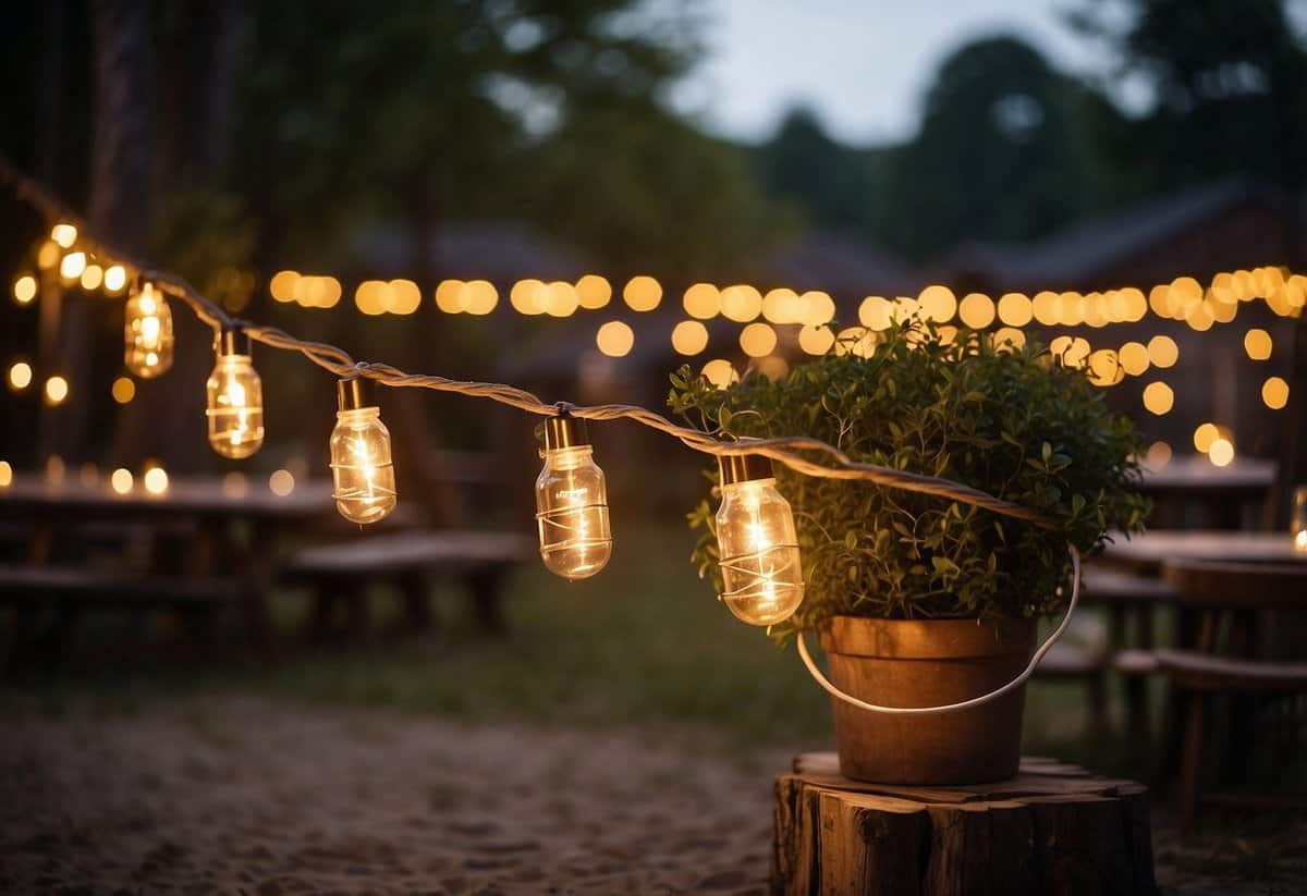 A warm glow from string lights illuminates a rustic outdoor wedding. The soft light creates a romantic and intimate atmosphere, casting gentle shadows on the surrounding trees and decor