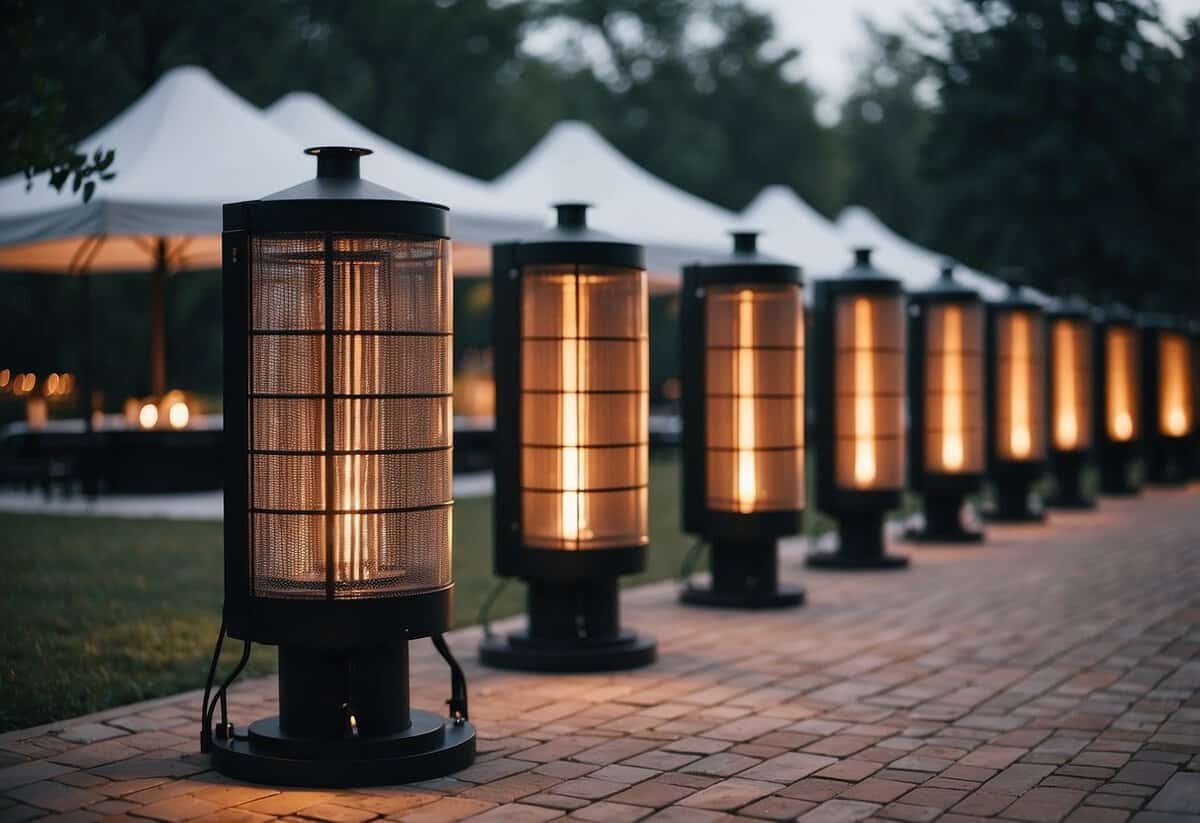 Several outdoor heaters are strategically placed around a beautiful wedding venue, providing warmth and comfort for guests on a chilly evening