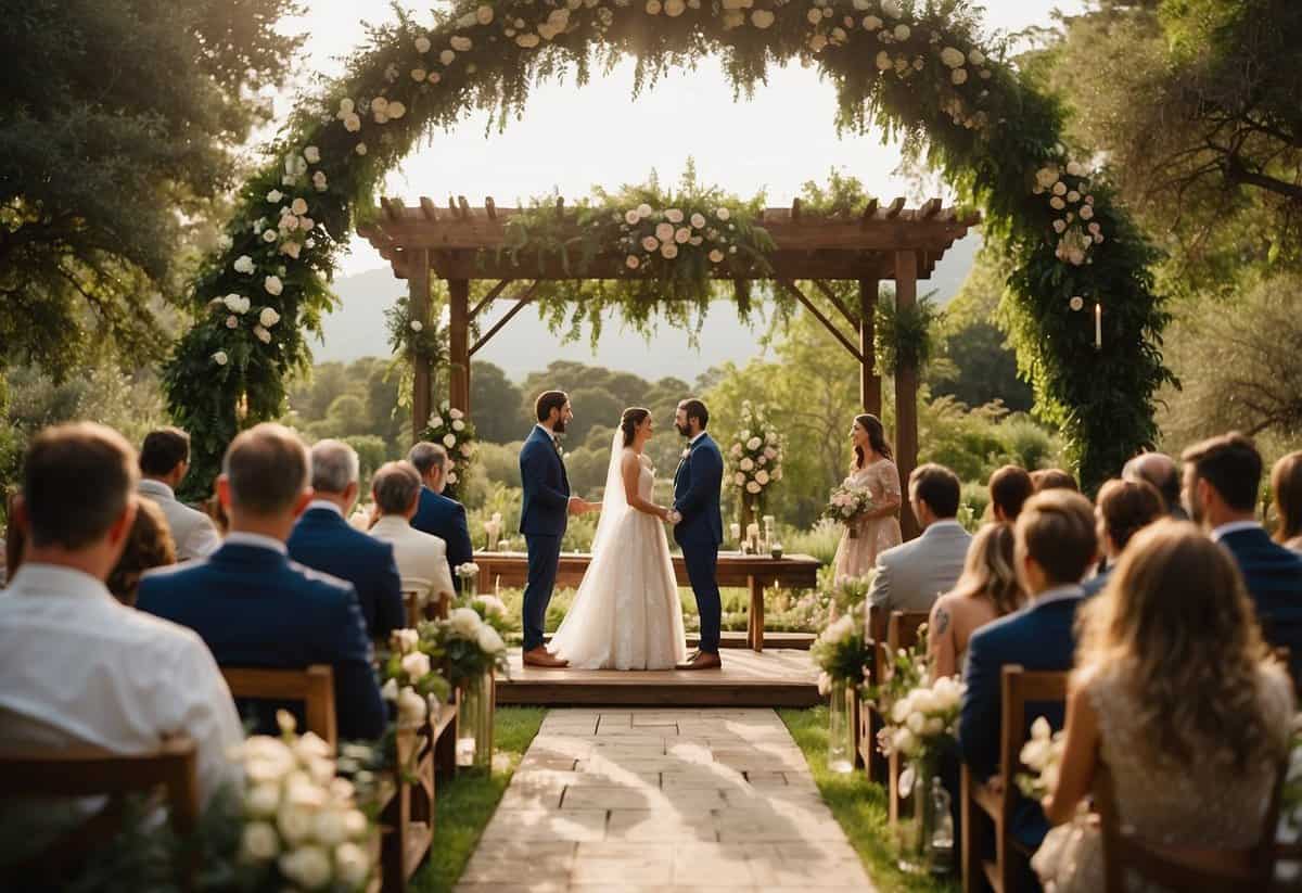 A couple exchanging vows under a floral arch in a lush garden, with guests seated on wooden benches, while bug repellent candles and sprays are strategically placed around the area