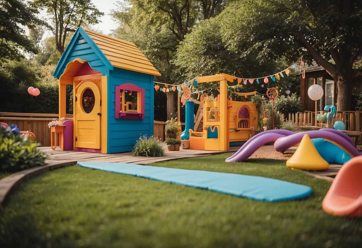 A colorful, whimsical outdoor space with a designated kids' area. Bright, playful decor and activities, such as a mini playhouse and games, create a fun and inviting atmosphere for young guests at the wedding