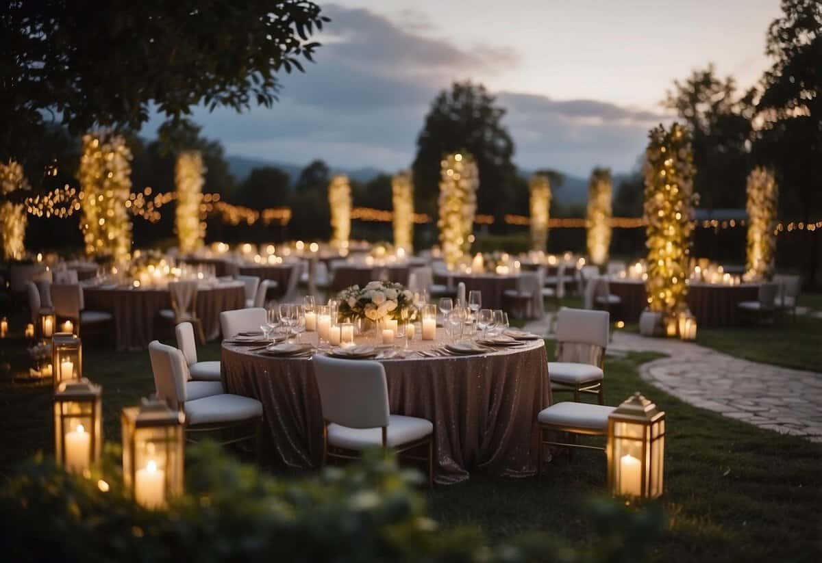 A beautiful outdoor wedding set up with elegant decorations, twinkling lights, and a warm, romantic ambiance