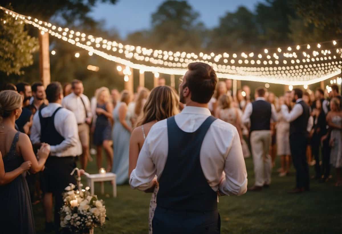 A lively outdoor wedding with guests mingling, playing lawn games, and enjoying live music under twinkling lights