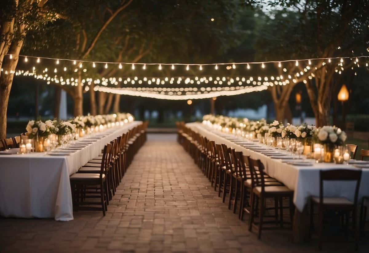 A beautiful outdoor wedding setup with elegant dining tables, a catering station, and twinkling string lights creating a romantic ambiance