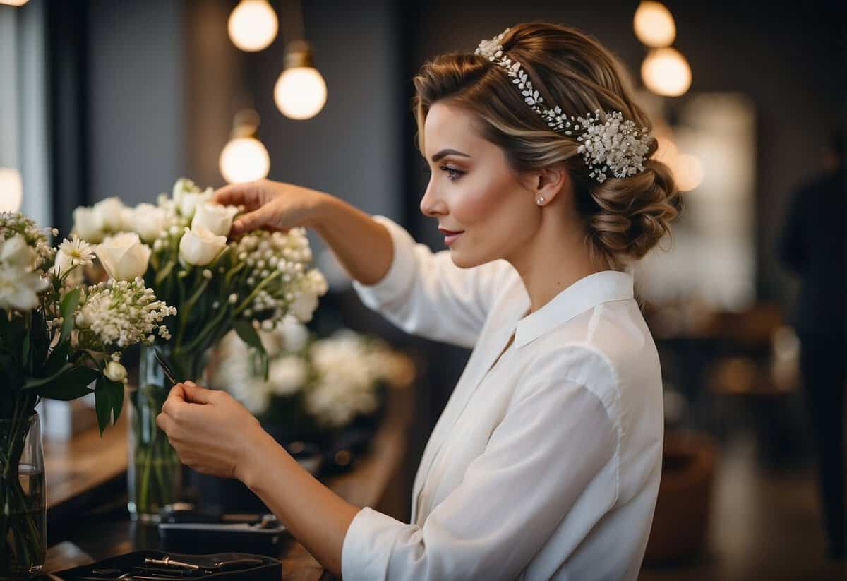 A hairstylist arranging bridal hair with flowers and accessories