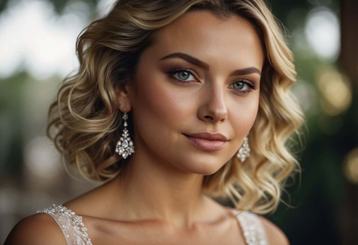 Loose waves cascade down, framing the face in a romantic wedding day look