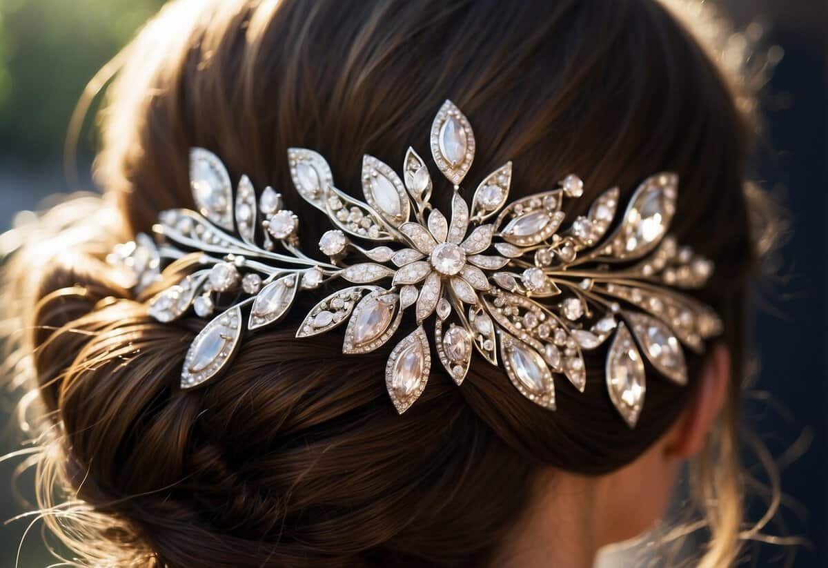 A sparkling jeweled hairpiece adorns a sleek bridal updo, catching the light and adding a touch of glamour to the wedding day hairstyle