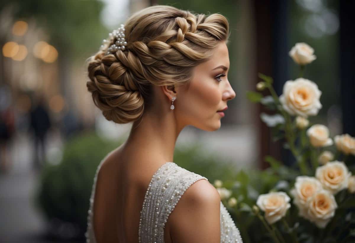 A woman's hair is intricately braided into an elegant updo, with wisps of hair framing her face. Accessories like flowers or pearls could be added for a romantic touch