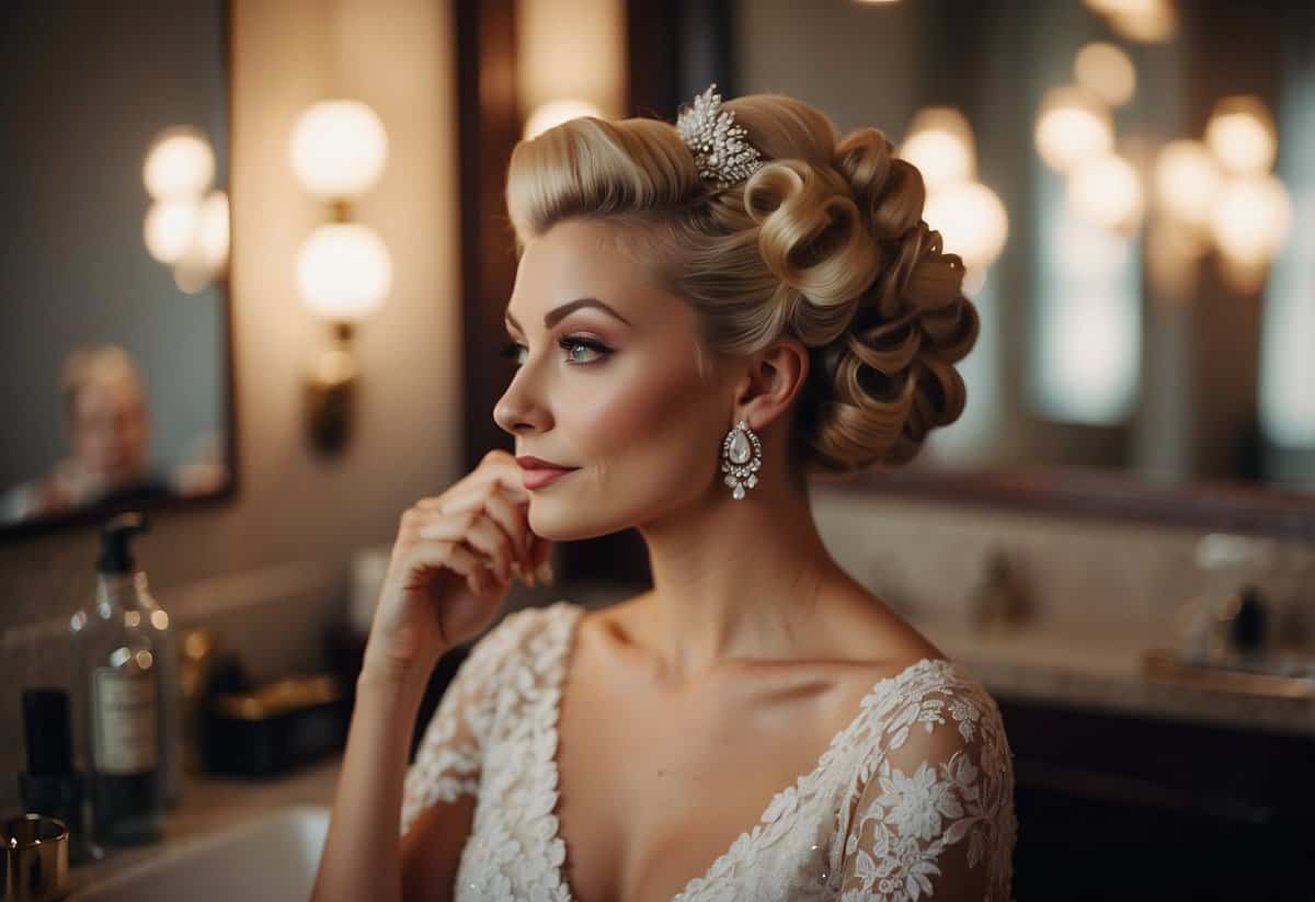 A bride sits at a vanity, carefully styling her hair into perfect pin curls, adding a vintage flair to her wedding day look