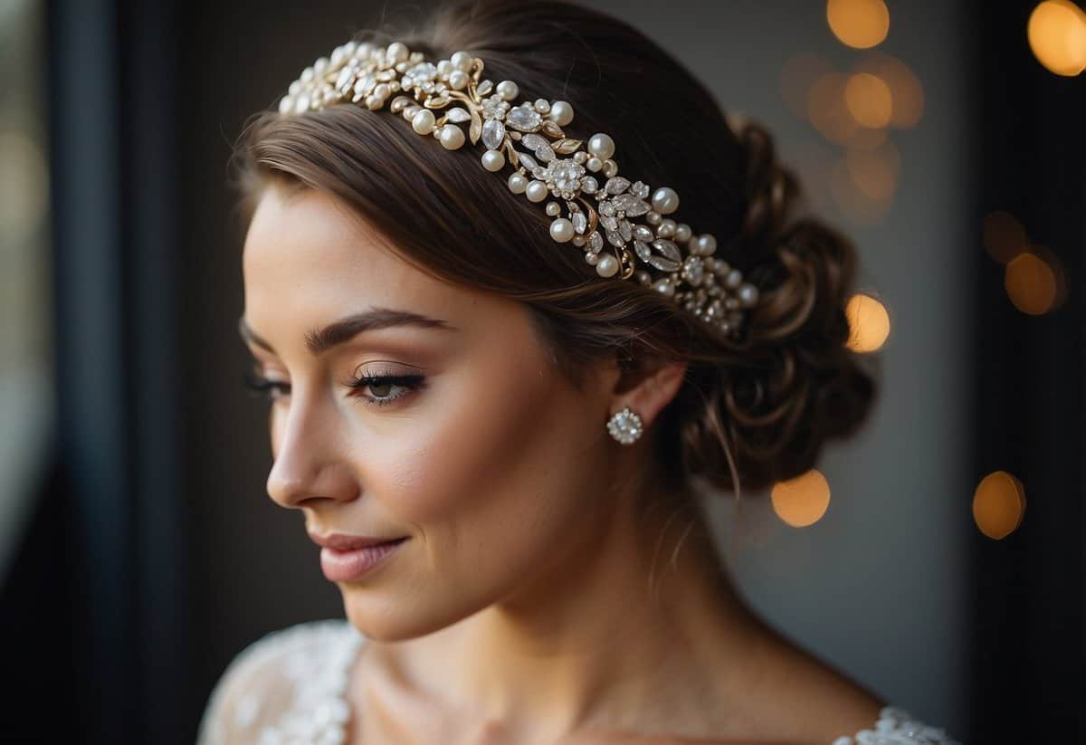 A bride's headband sparkles with pearls and crystals, nestled in a cascade of wavy hair