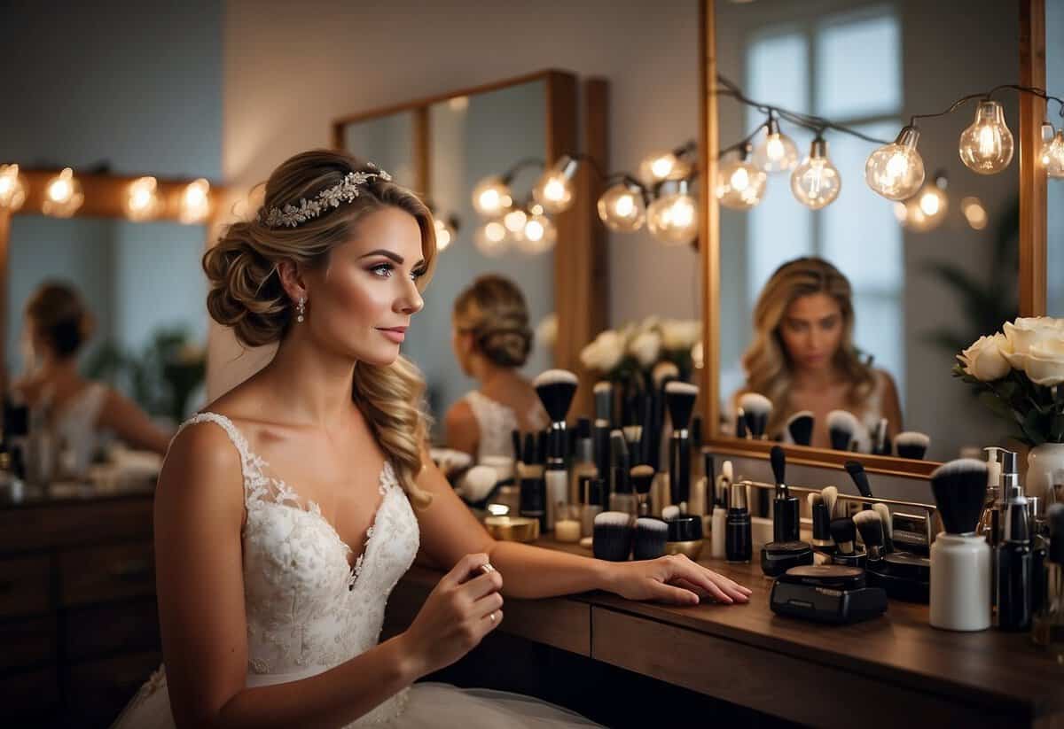 A bride sits in front of a mirror, surrounded by various hair styling tools and products. She is carefully considering different hairstyles for her wedding day, with a look of concentration on her face