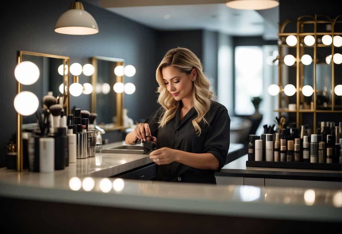 A hairstylist arranging hair tools and products on a clean, well-lit counter. A mirror reflects soft, natural light, creating a serene atmosphere