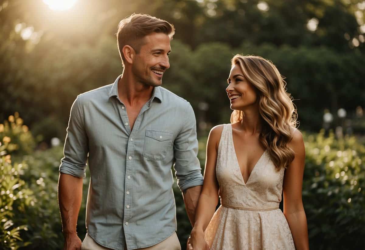 A couple stands in a lush garden, holding hands and smiling. The sun casts a warm glow as they pose for pre-wedding photos