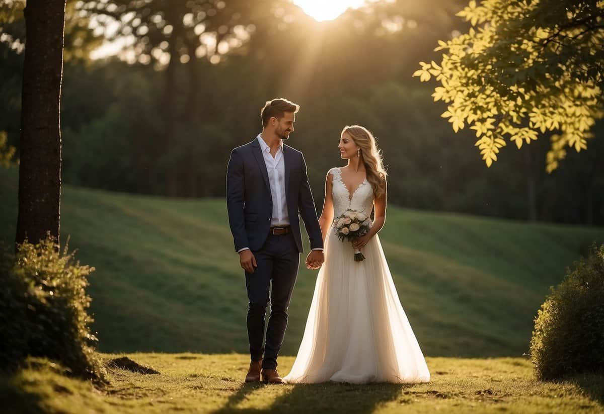 A couple stands in a picturesque outdoor setting, coordinating their outfits for a pre-wedding photoshoot. The sunlight casts a warm glow on the scene, creating a romantic and timeless atmosphere