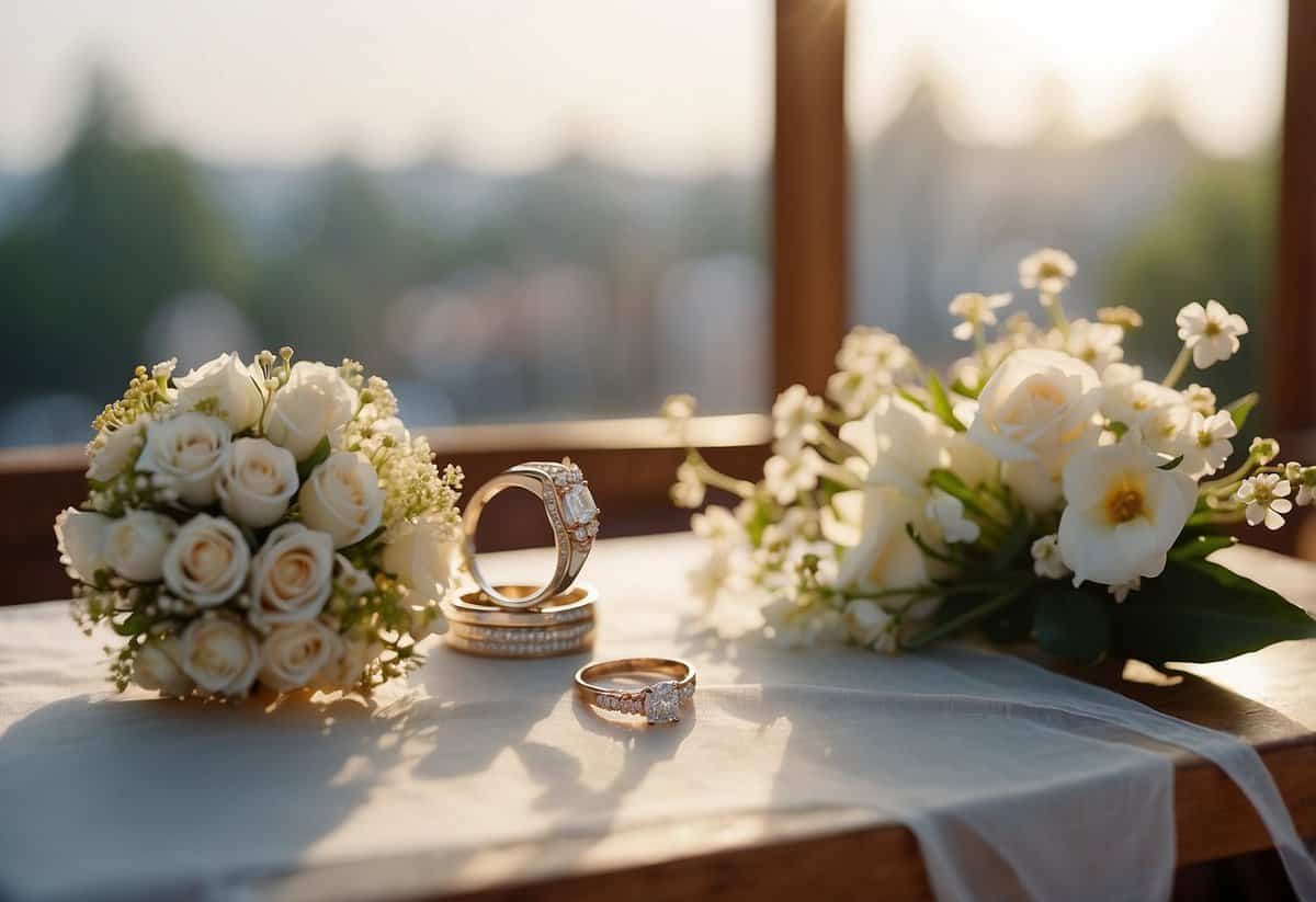 A table with engagement rings, a bouquet, and a wedding dress on a hanger. A camera and lighting equipment set up nearby