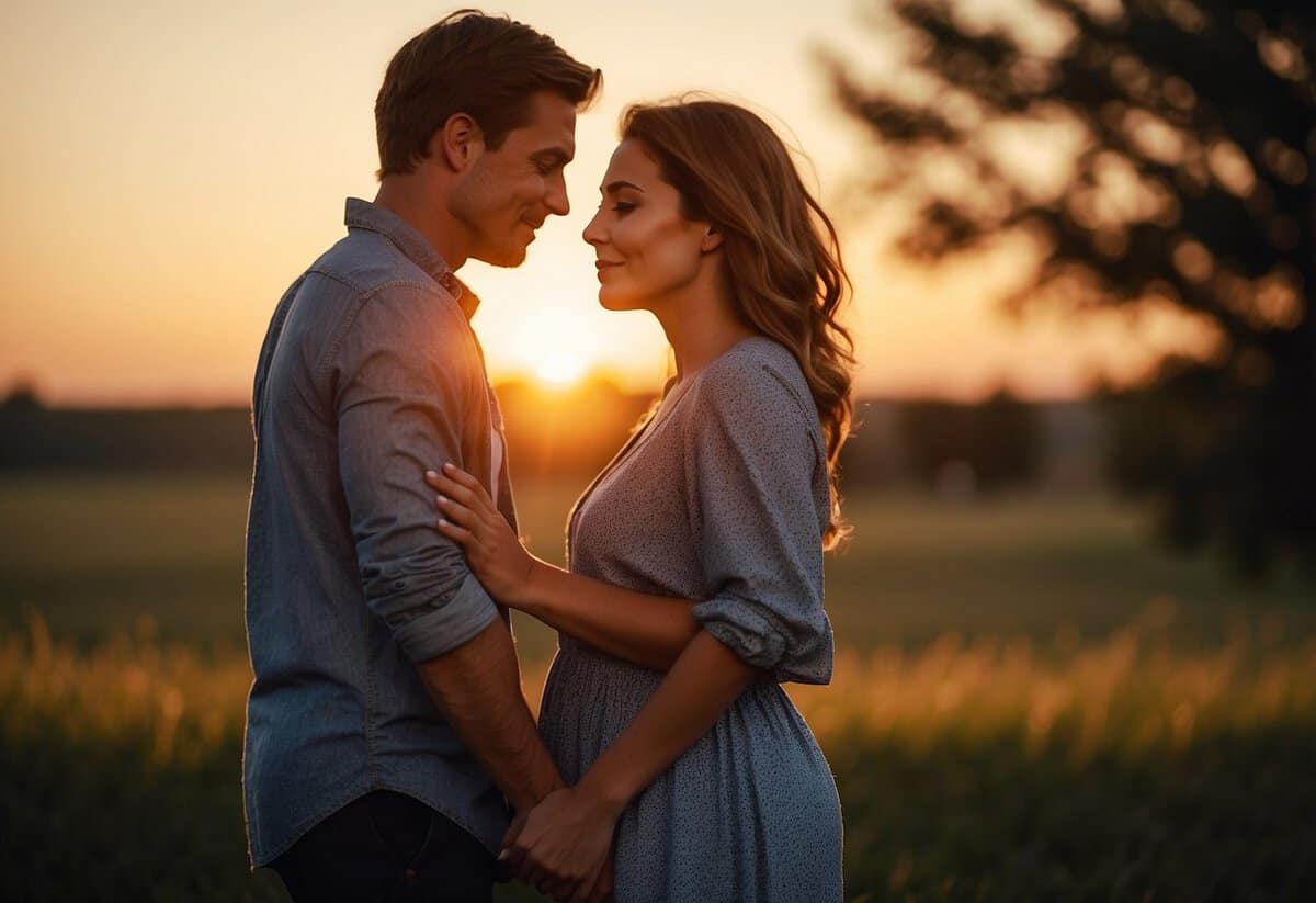 A couple stands in a romantic embrace, gazing into each other's eyes. They hold hands, with the sun setting behind them, creating a warm and intimate atmosphere
