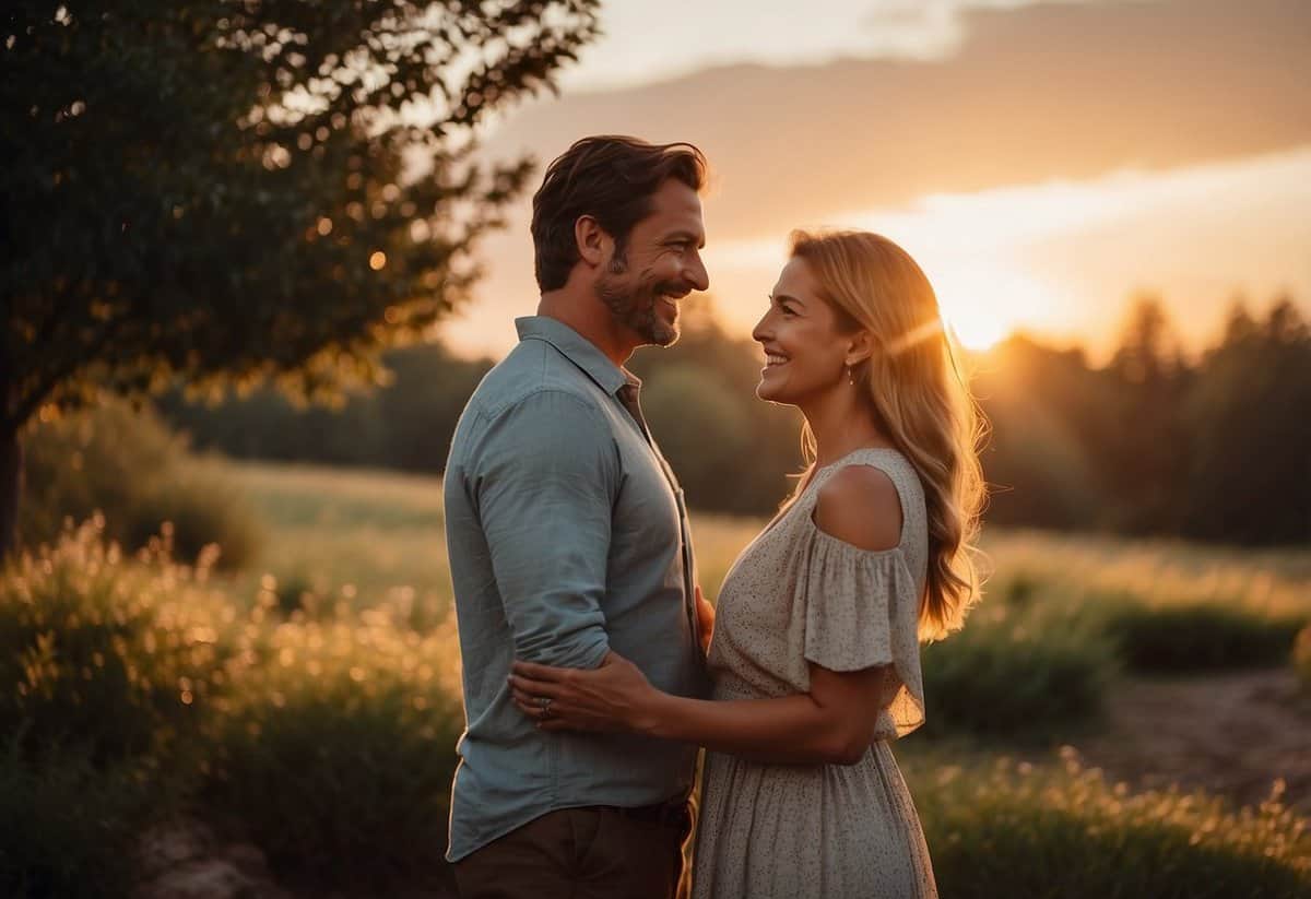 A couple stands in a picturesque outdoor setting, smiling and embracing. The sun sets behind them, casting a warm, romantic glow