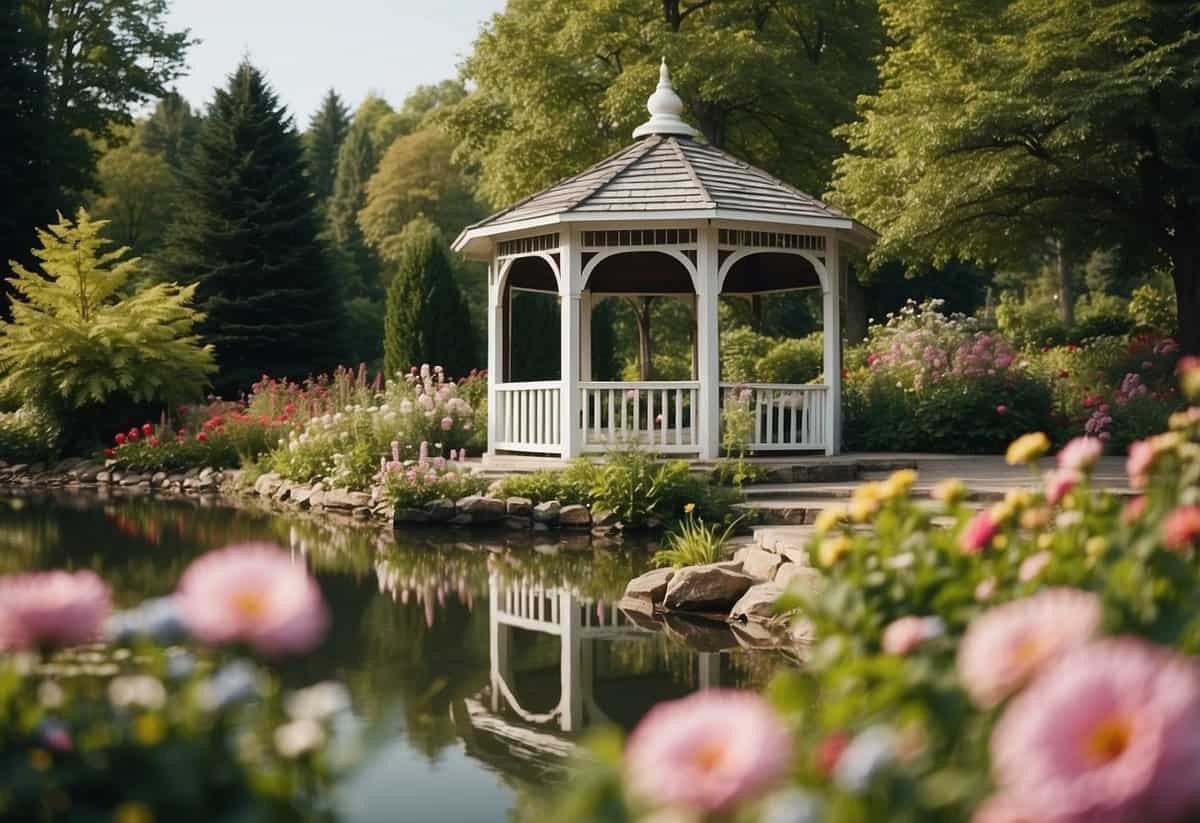 A picturesque outdoor location with lush greenery, a tranquil lake, and a charming gazebo surrounded by colorful flowers