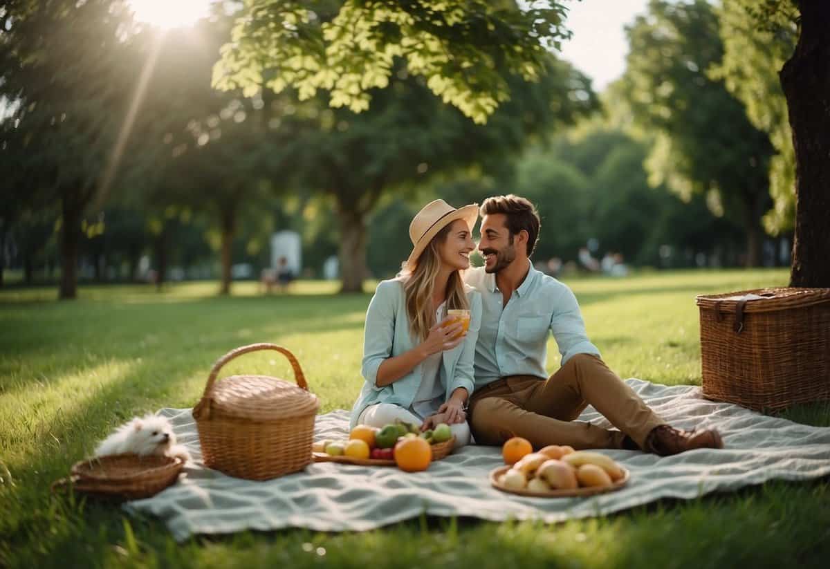 A couple sits on a blanket in a lush green park, laughing and enjoying each other's company. A camera and picnic basket are nearby