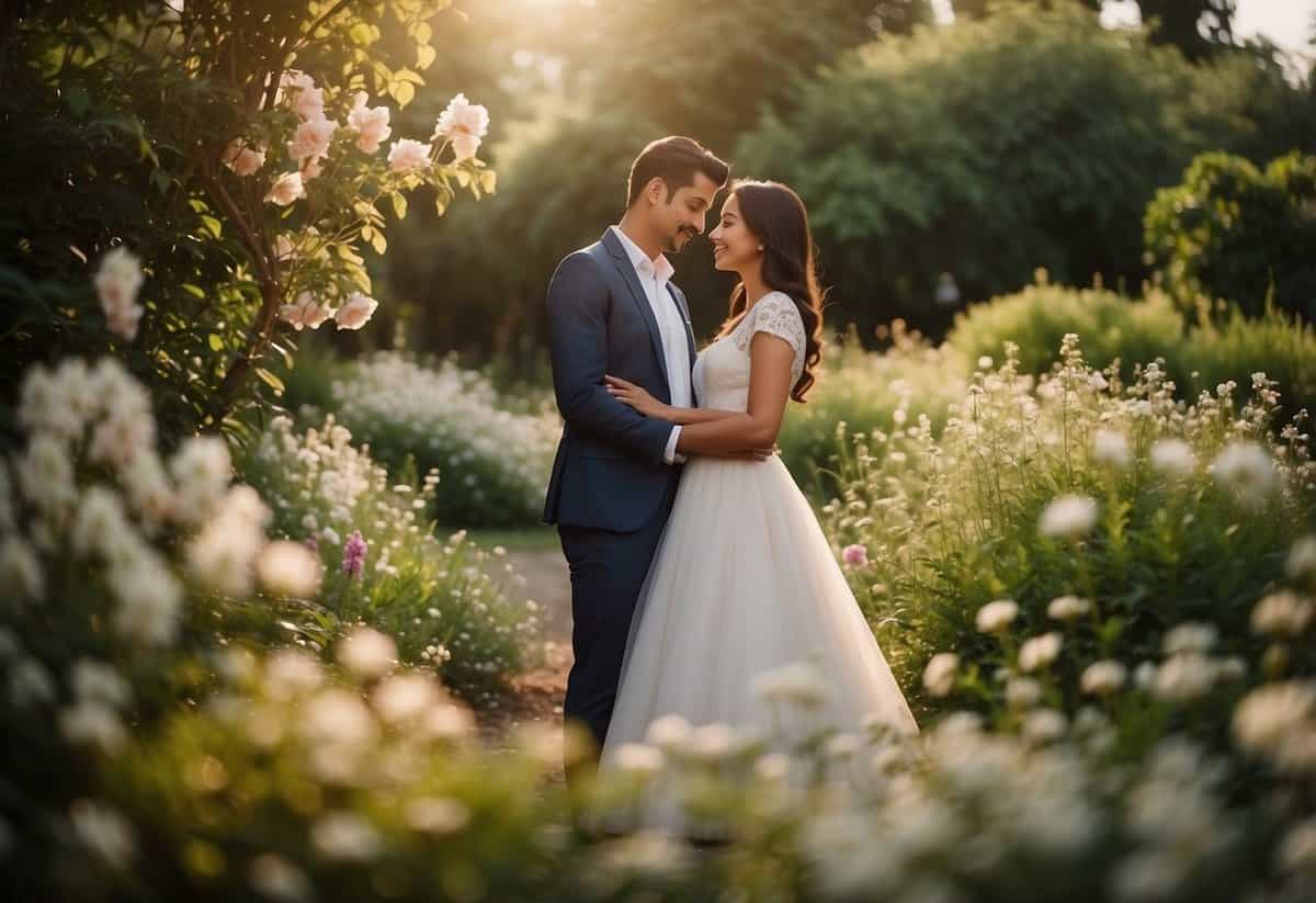 A couple stands in a picturesque garden, surrounded by blooming flowers and lush greenery. The soft sunlight filters through the trees, creating a romantic and serene atmosphere for their pre-wedding photoshoot