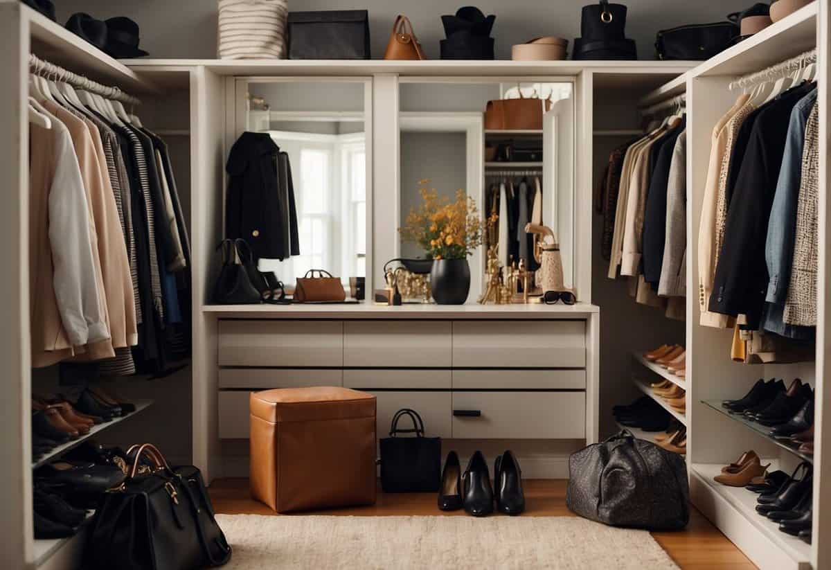A cluttered closet with a mix of elegant and casual outfits, shoes, and accessories scattered around. A full-length mirror reflects the chaos