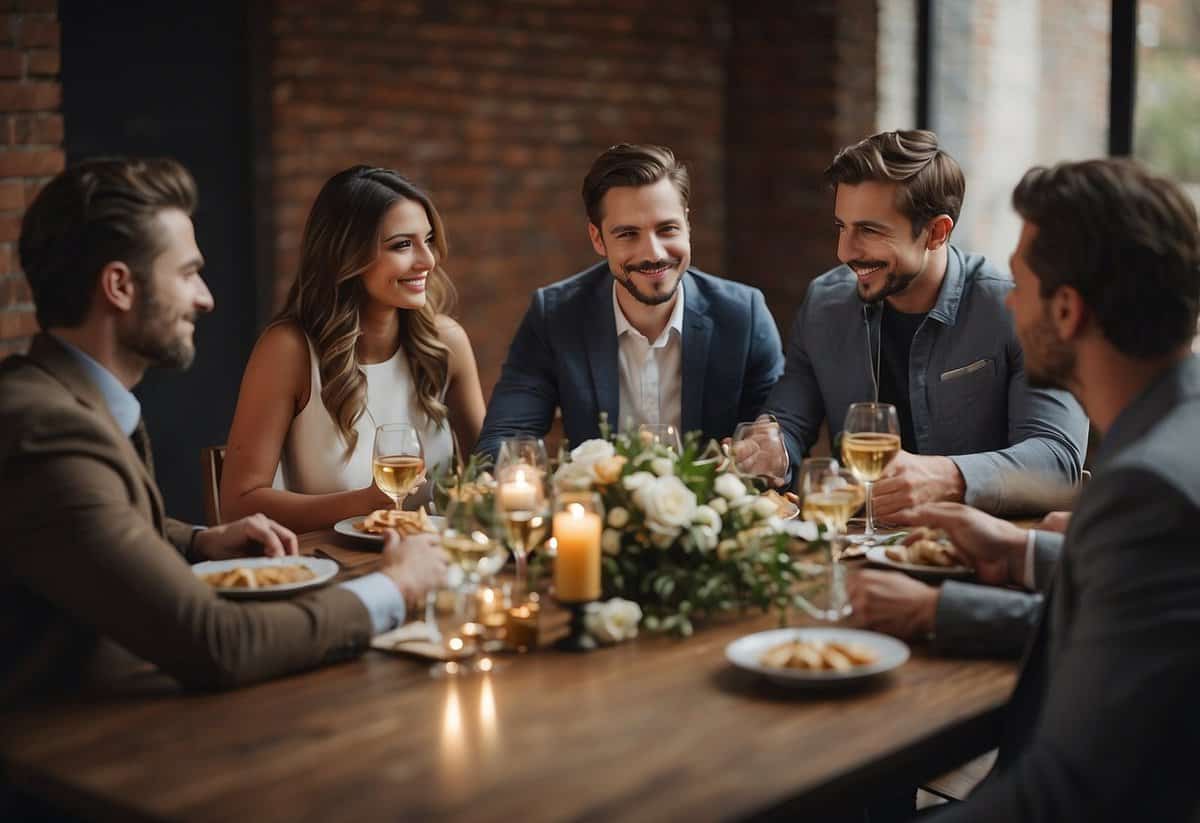 Friends gather around a table, passing out tasks and discussing wedding plans