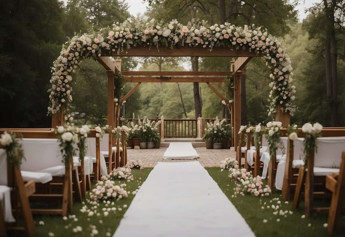 A serene outdoor setting with a rustic wooden arch adorned with delicate flowers and draped with billowing white fabric. A scattering of rose petals lines the aisle, leading to a simple yet elegant altar