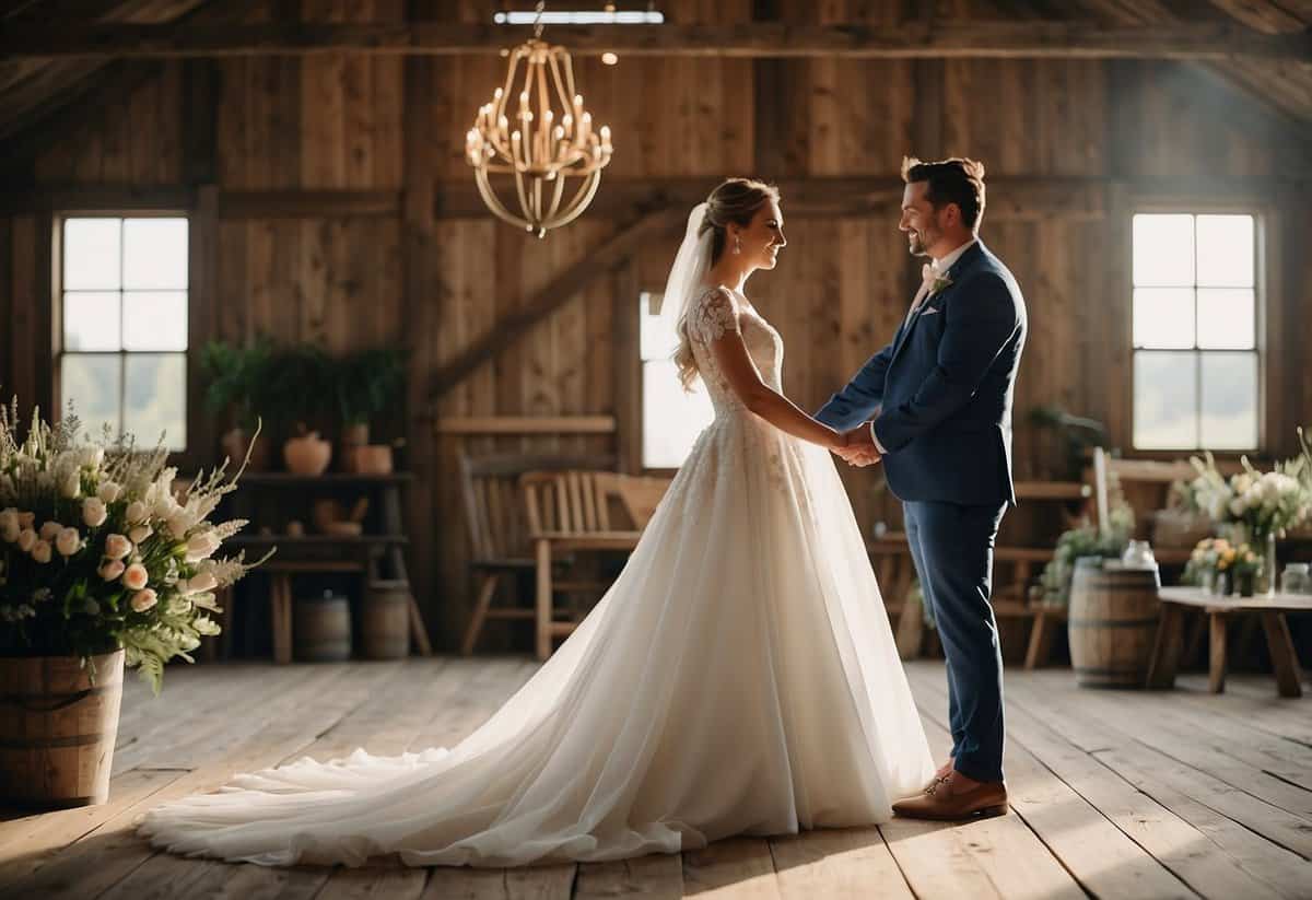 A bride and groom stand in a cozy, rustic barn, surrounded by simple, elegant decor. The bride wears a flowing white gown, and the groom is dressed in a sharp suit