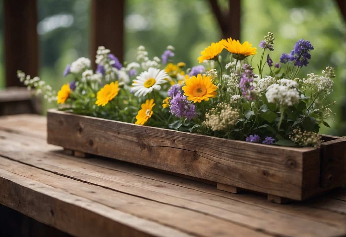 A rustic wooden table adorned with fresh seasonal flowers, set against a backdrop of lush greenery and soft natural lighting