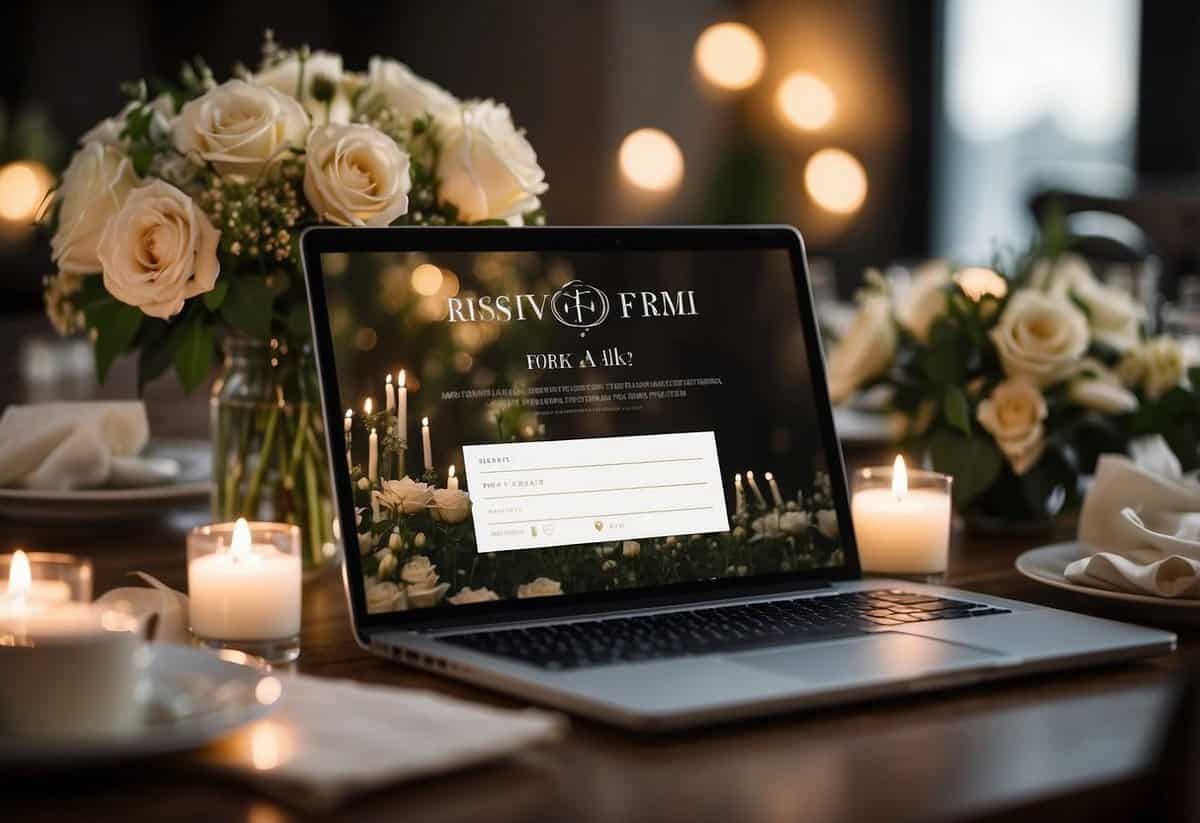 A laptop displaying a digital RSVP form with wedding details. A simple, elegant table setting with flowers and candles