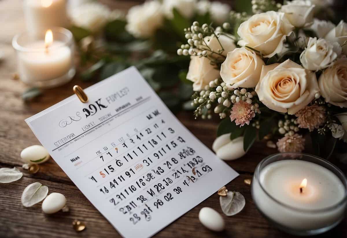 A calendar with wedding milestones marked, surrounded by flowers and wedding decor