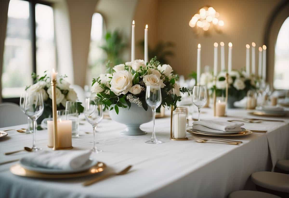 A minimalist wedding table with white linens, simple floral centerpieces, and elegant place settings